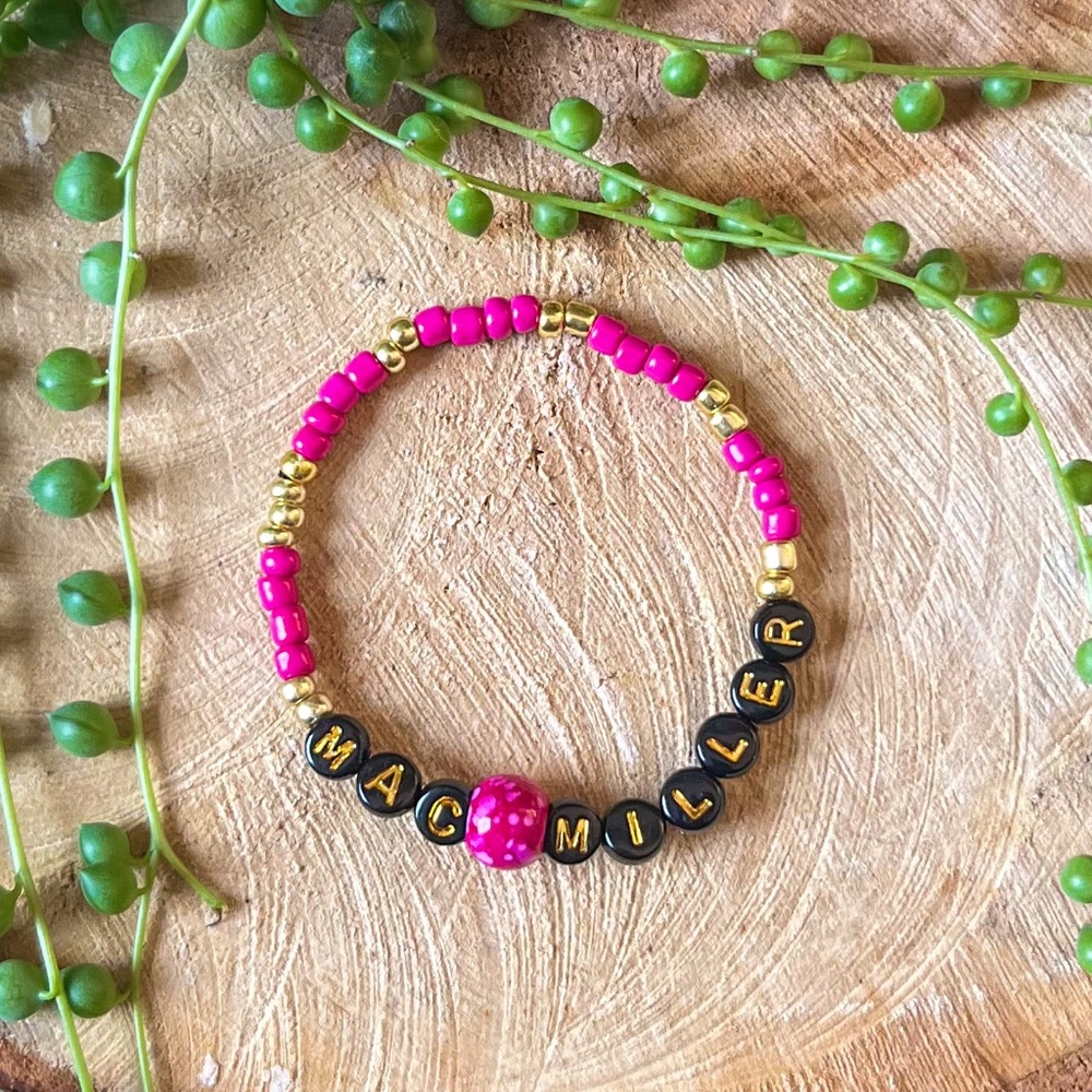 Mac Miller | Beaded Bracelet | Pink Seed Beads | Gold | Stretch Fit | Unisex